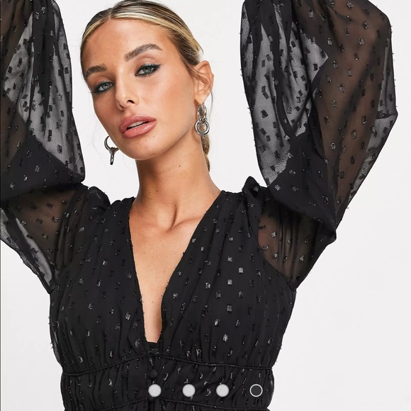 ASOS DESIGN button through ruched waist pleated mini dress in metallic texture - Picture 4 of 5